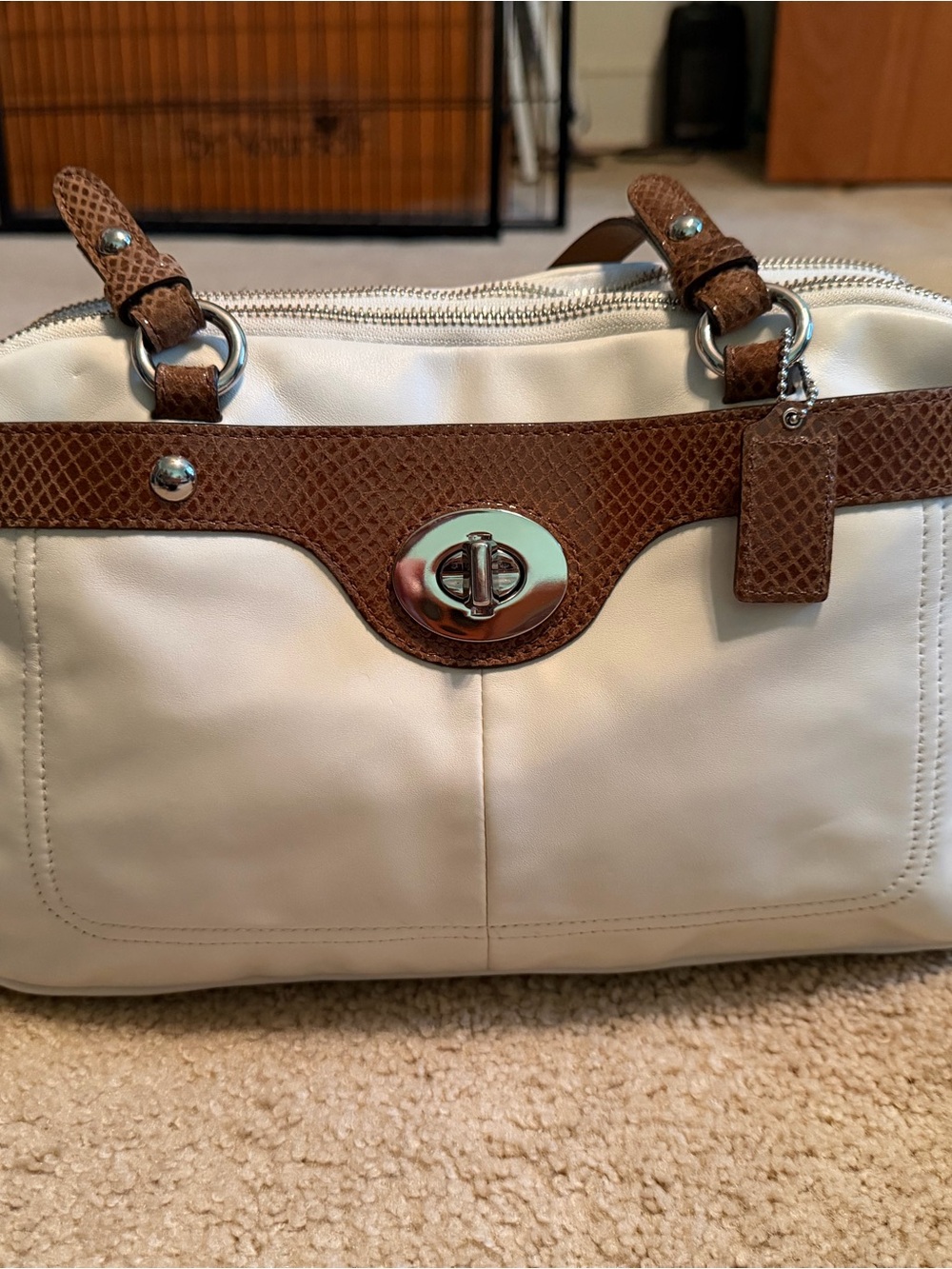 Coach Cream and Brown Leather Shoulder Bag